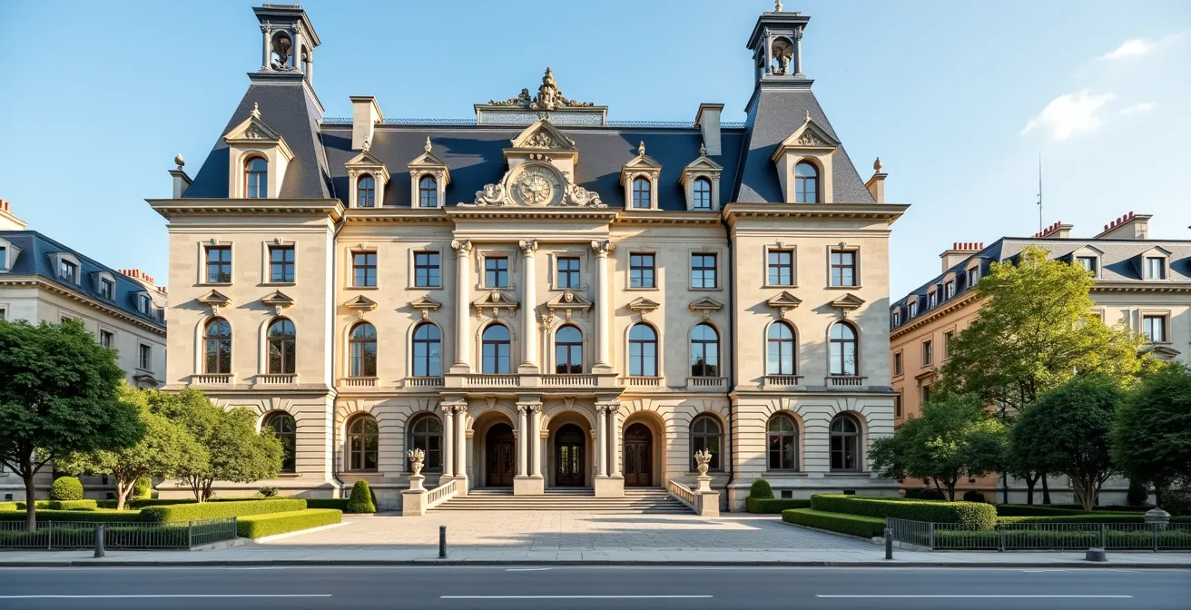 Vue de la mairie de Tours avec sa façade administrative élégante et ses jardins environnants