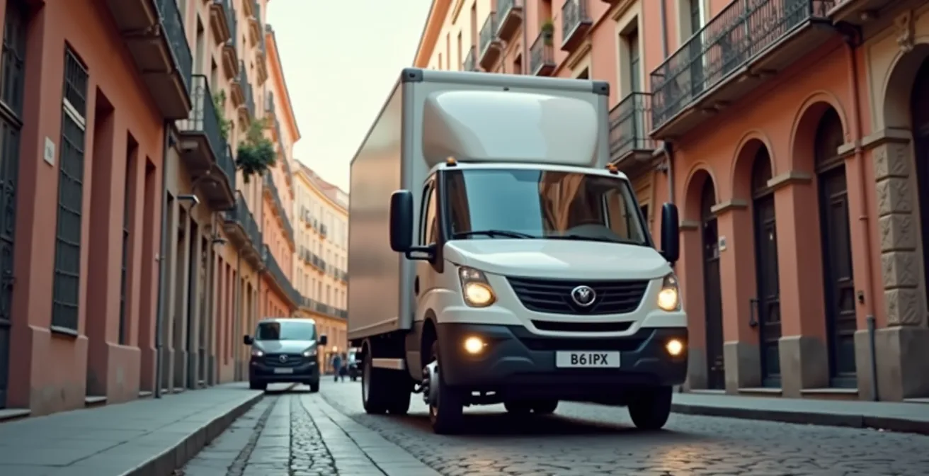 Vue symbolique d'un déménagement à Toulouse avec camions dans les rues typiques et éléments architecturaux locaux