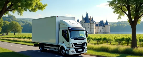 Scène de déménagement dans le Val de Loire avec un camion de déménagement au premier plan et les châteaux de la Loire en arrière-plan