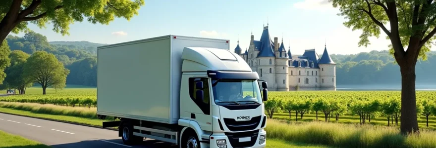 Scène de déménagement dans le Val de Loire avec un camion de déménagement au premier plan et les châteaux de la Loire en arrière-plan