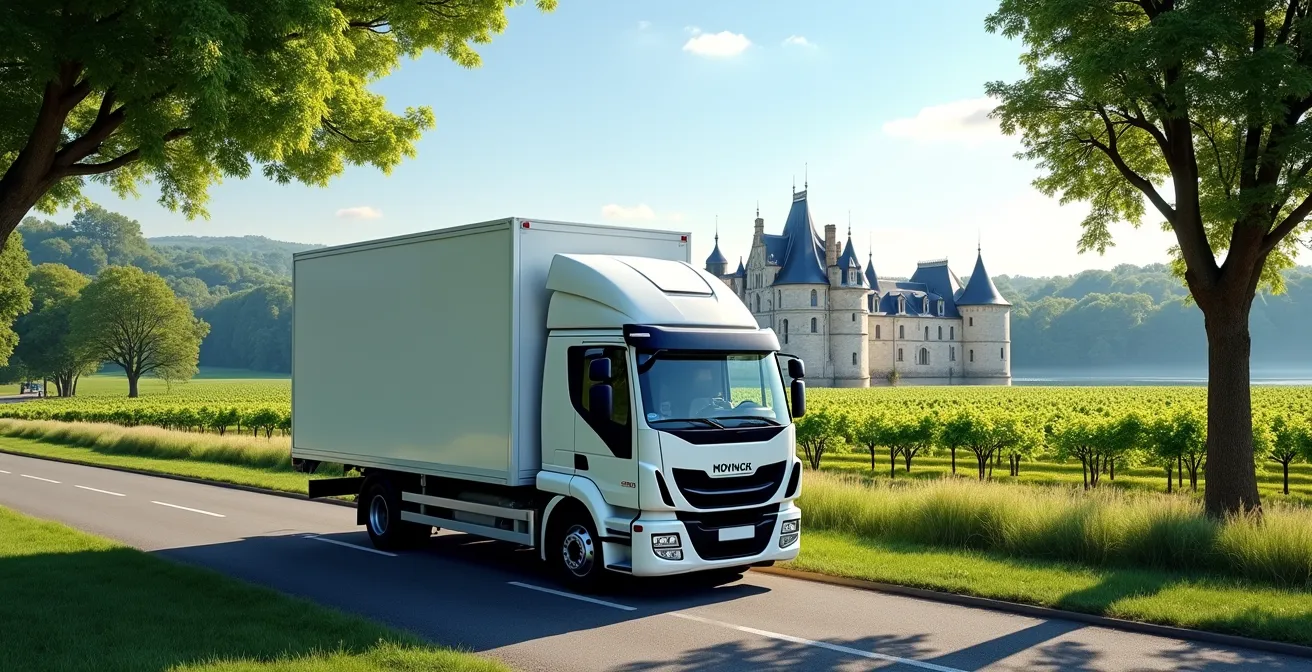 Scène de déménagement dans le Val de Loire avec un camion de déménagement au premier plan et les châteaux de la Loire en arrière-plan
