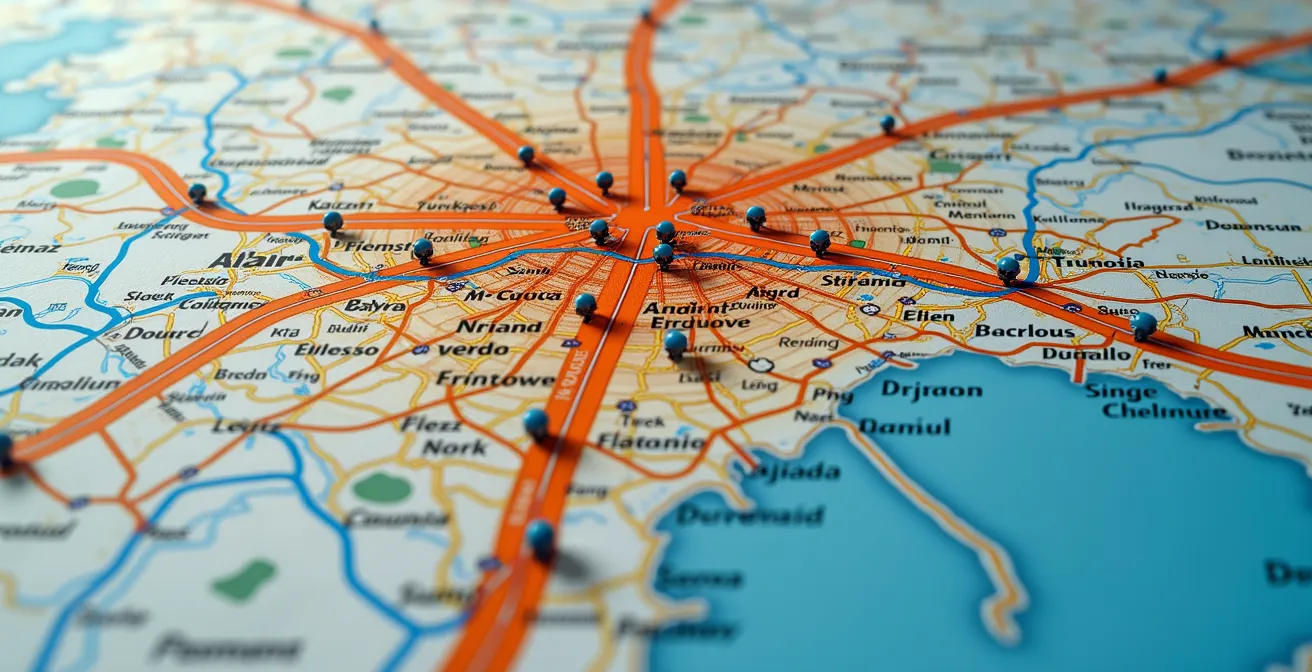 Carte conceptuelle stylisée montrant les trajets et zones à éviter pour un déménagement local à Toulouse