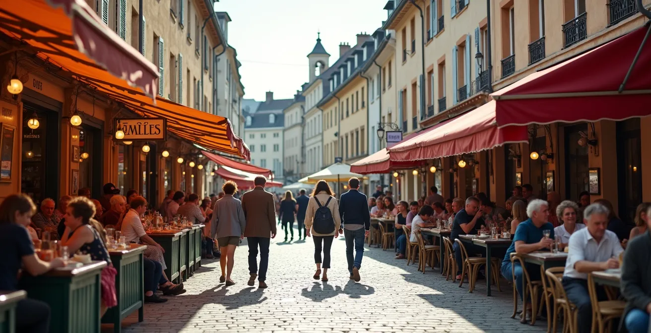 Animation du quartier des Halles de Tours avec ses commerces de bouche et ses terrasses animées