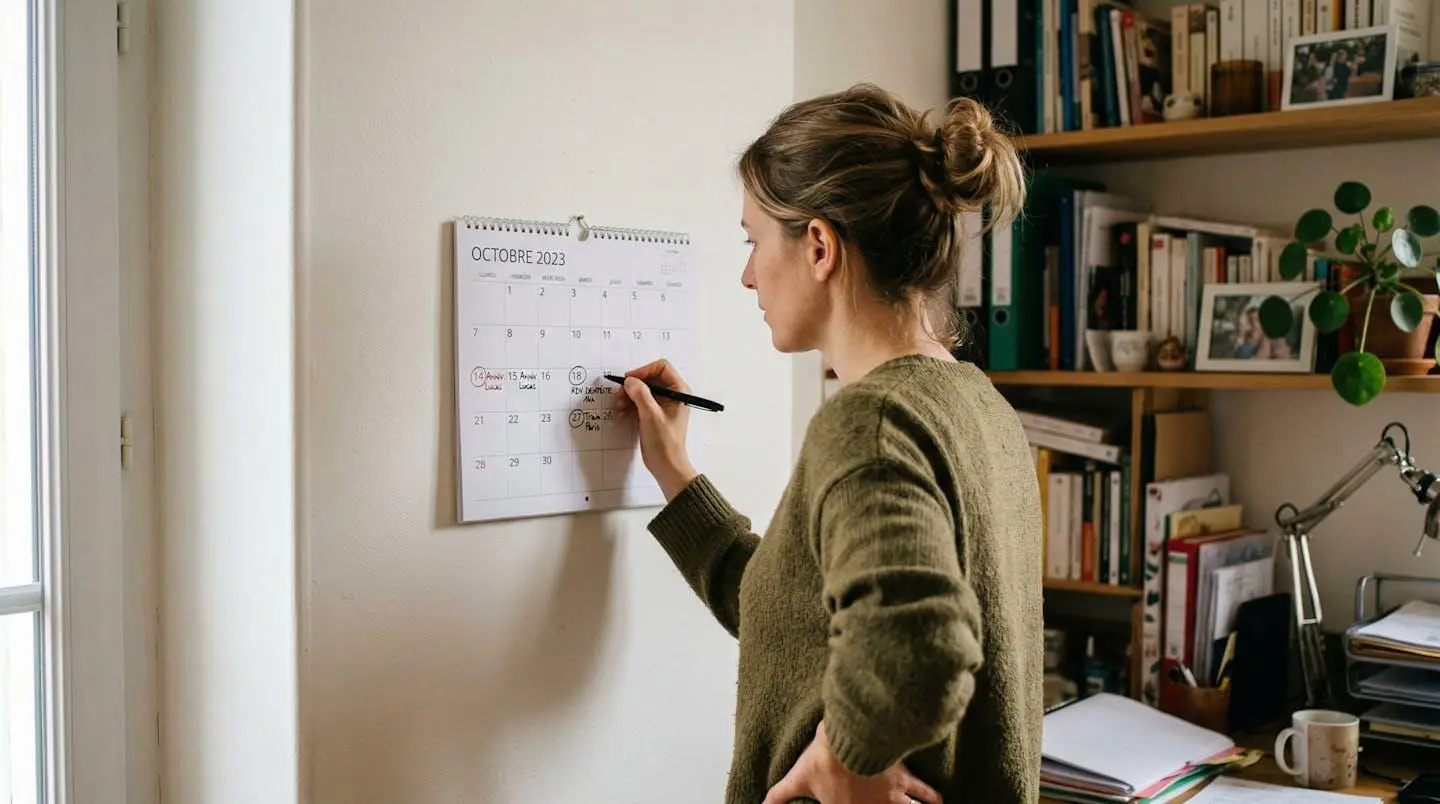 Femme consultant calendrier mural avec dates planification déménagement bureau domicile