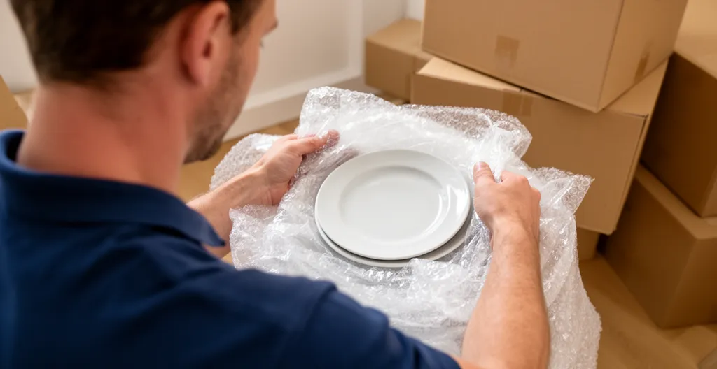 Déménageur professionnel emballant de la vaisselle fragile avec du papier bulle