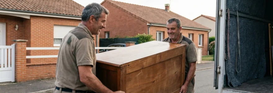 Déménageurs professionnels chargeant un camion capitonné devant une maison dans le Tarn-et-Garonne