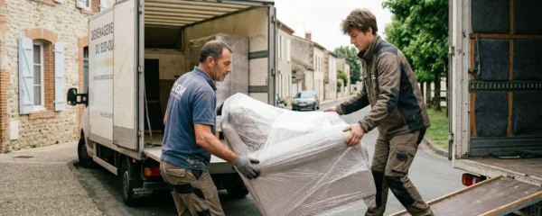 Déménageurs professionnels chargeant mobilier dans camion capitonné rue résidentielle Tarn-et-Garonne