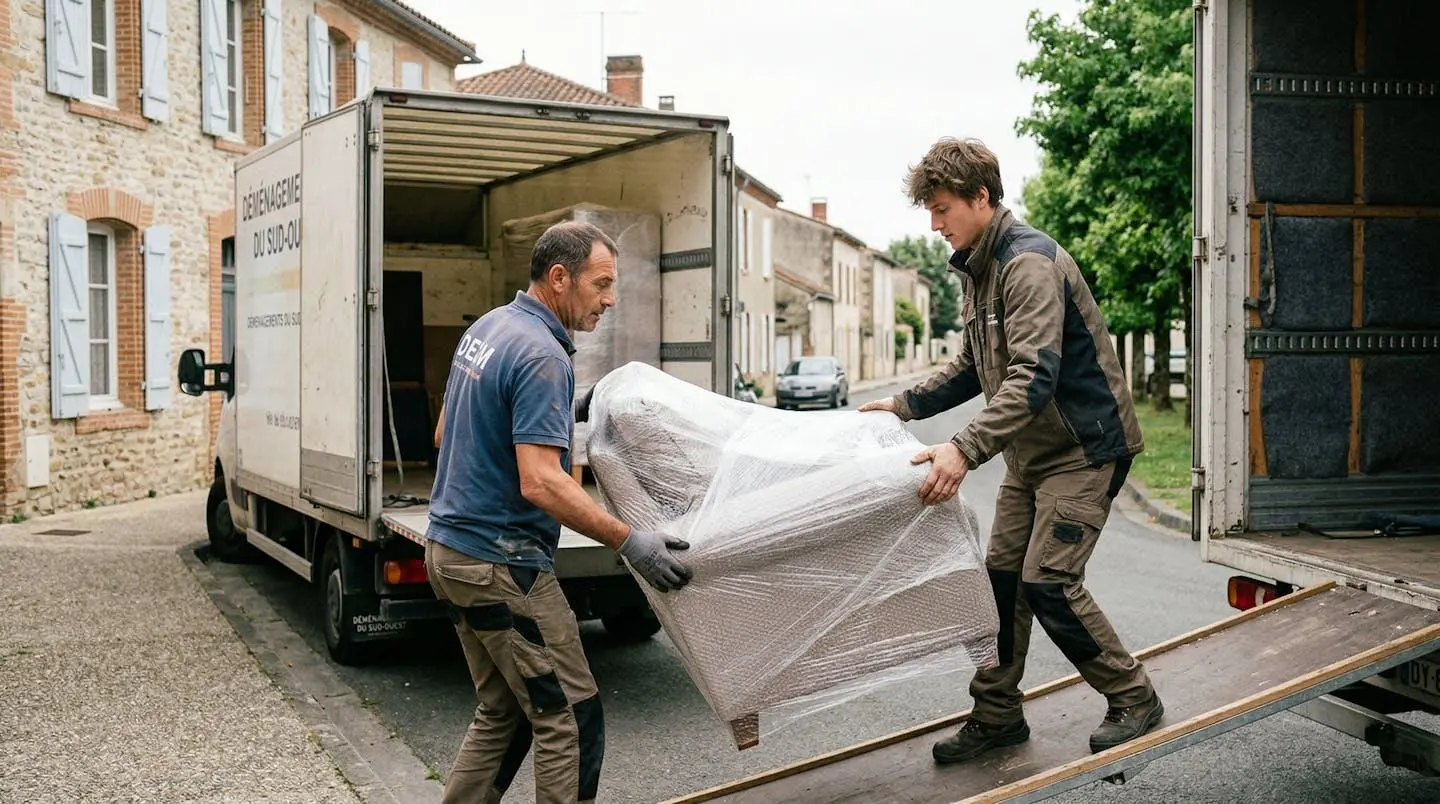 Déménageurs professionnels chargeant mobilier dans camion capitonné rue résidentielle Tarn-et-Garonne
