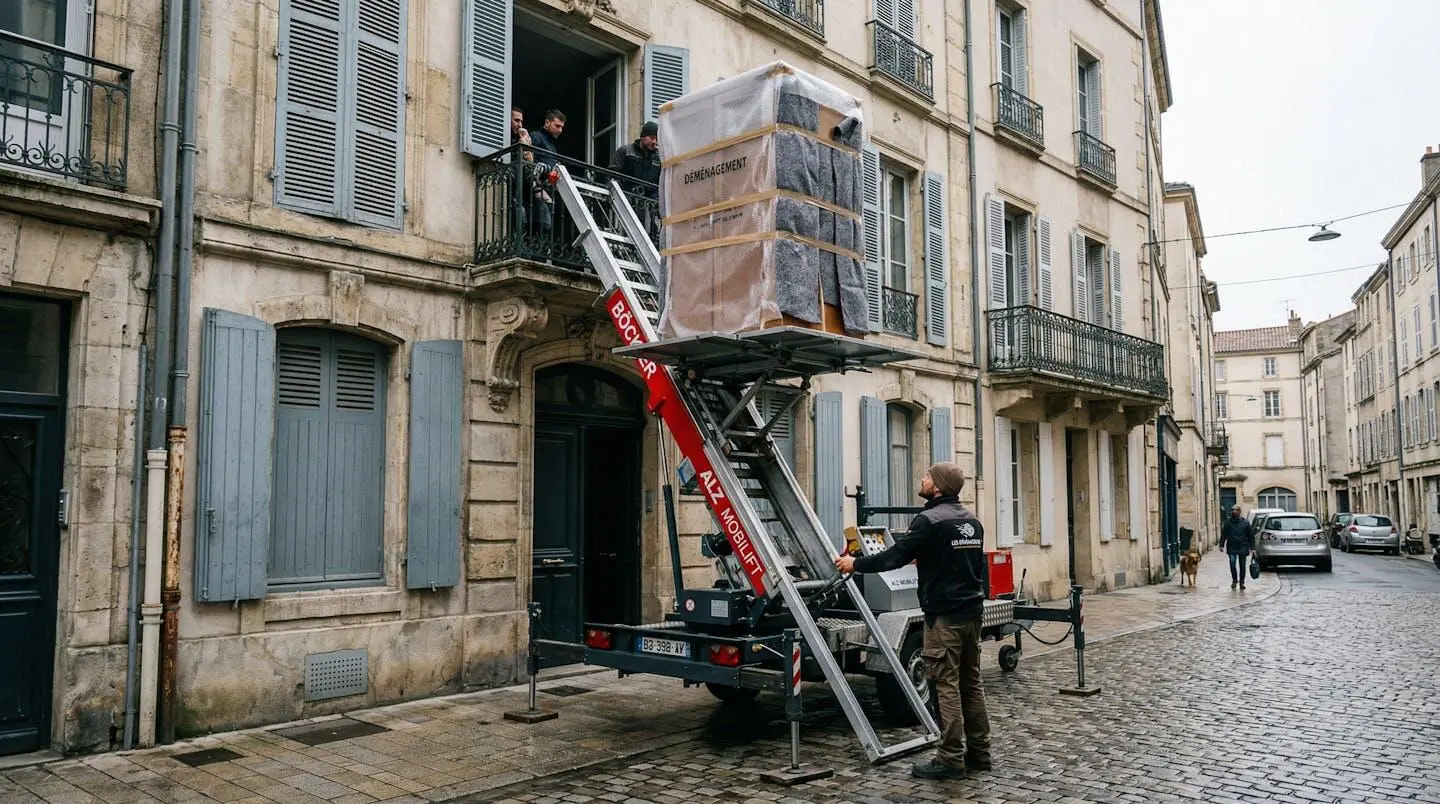 Monte-meuble élevant armoire vers balcon étage supérieur façade immeuble