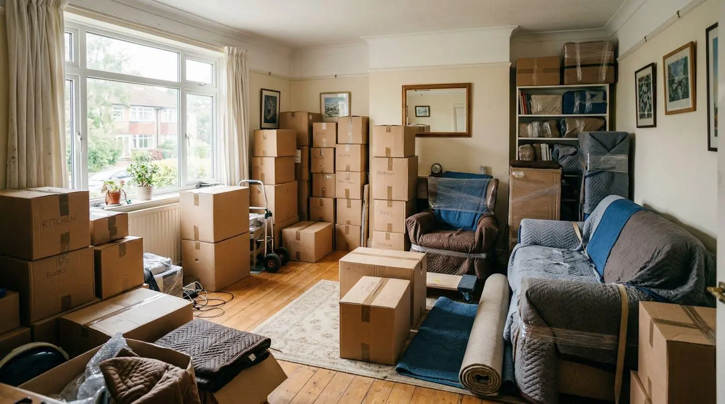Salon encombré de cartons empilés et meubles emballés prêts pour déménagement