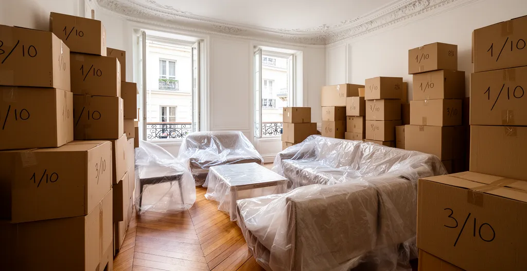 Intérieur de salon avec cartons empilés et meubles protégés avant déménagement