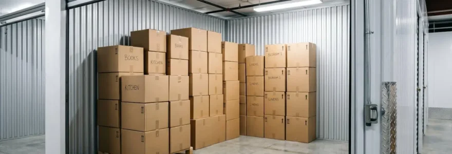 Cartons de déménagement empilés dans un box de stockage en libre-service, éclairage net et espace organisé