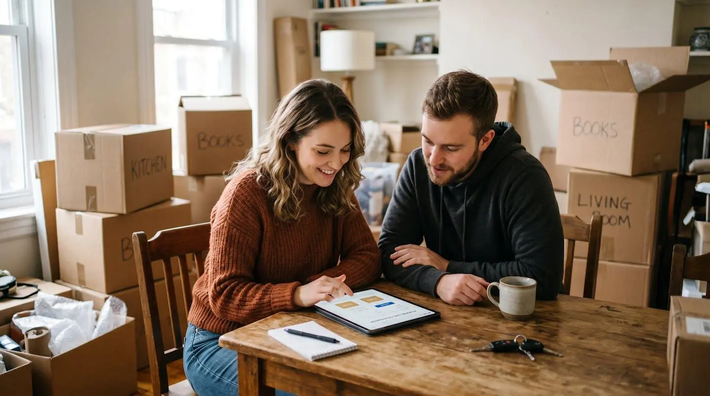 Couple consultant un outil de simulation de volume sur tablette pour choisir la taille de leur box de stockage
