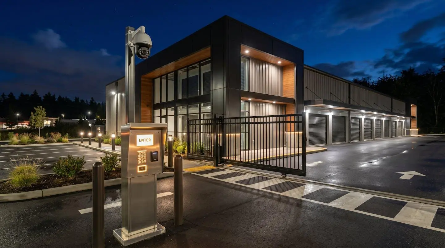 Entrée d'un centre de self-stockage la nuit avec portail automatique et panneau de contrôle d'accès éclairé